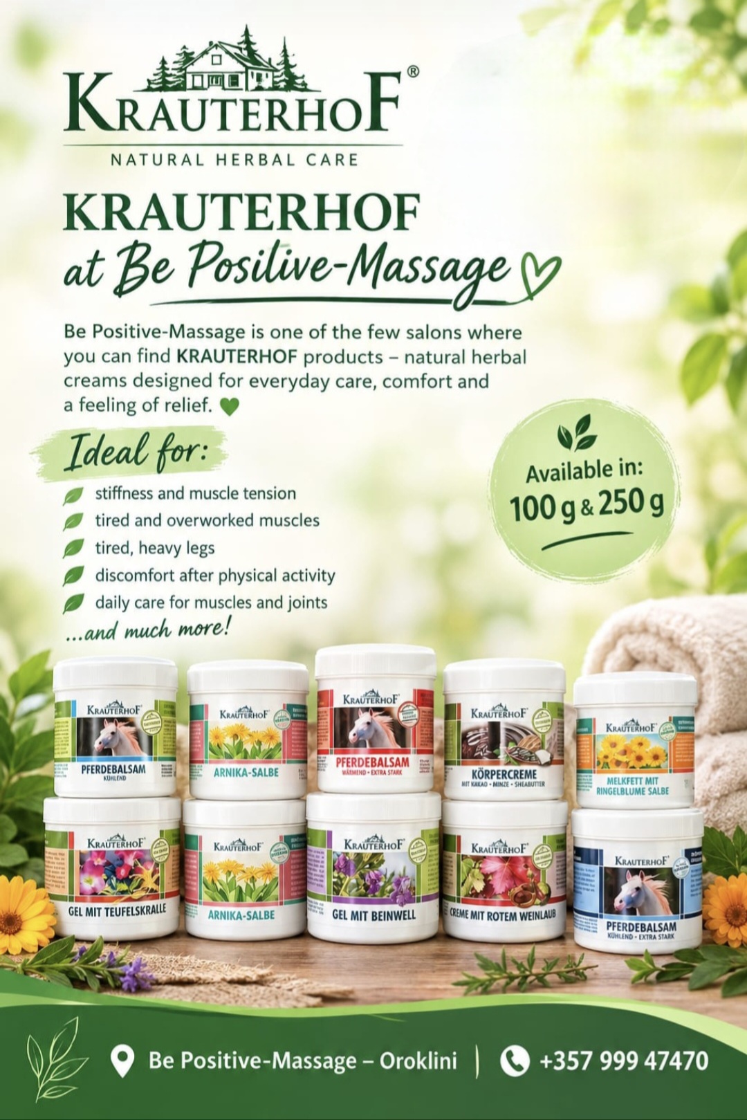 Krauterhof natural herbal creams available at Be Positive - Massage